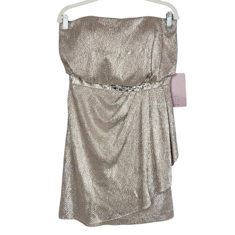 JS Collections Metallic Wrap Empire Waist Strapless Build in Bra Mini Dress 8